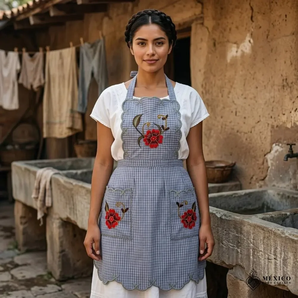 Mexican Embroidered Bib Apron for Women – Multicolor with Floral Design